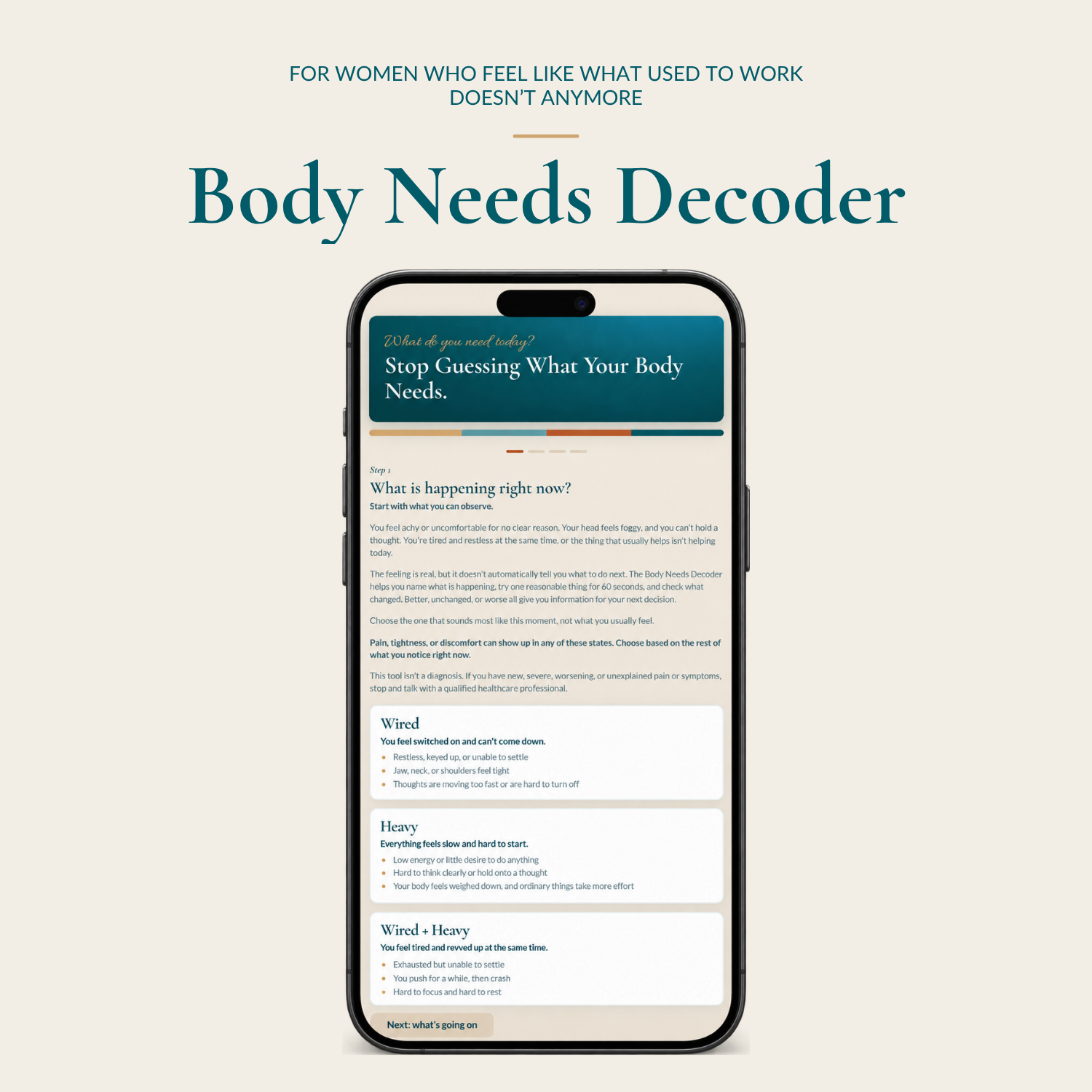 Preview of the Body Needs Decoder on a phone